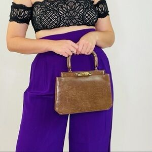 Vintage 50s Artcraft Leather Mod Top Handle Doctor Accordion Mini Brown Purse